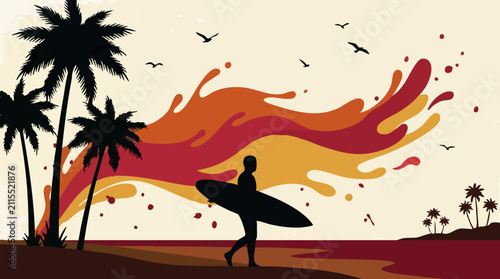 Photography Surfer walking on tropical beach with abstract waves at sunset