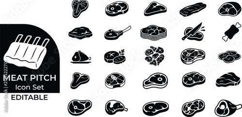 Meat pitch editable icon set, collection of beef pork and lamb isolated on background.