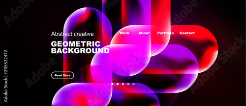 Abstract design features vibrant overlapping shapes. Text highlights work, about, portfolio, contact options. Dark background enhances colorful elements.