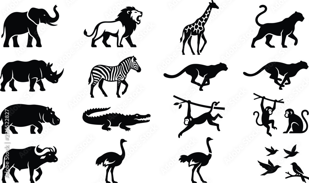 Fototapeta premium African Safari Wildlife Animal Silhouette Icon Set featuring Elephant Lion Giraffe Leopard Rhino Zebra and Cheetah Vectors for Nature Branding Designs