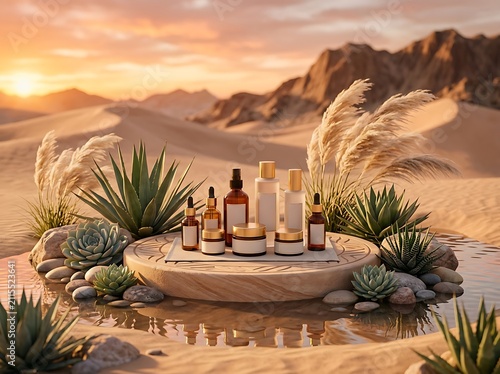 Desert skincare products on stone pedestal with skincare cosmetics products landscape wellness