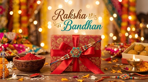 Raksha bandhan gift box with red rakhi thread and kumkum for indian festival