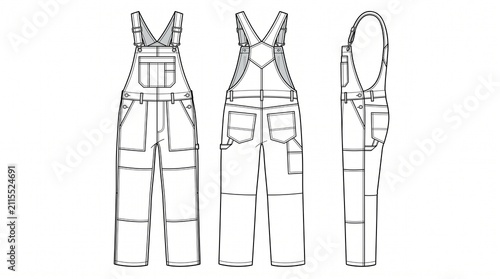 Denim Overalls Fashion Flat Sketch - Front Back and Side View Technical Drawing Template