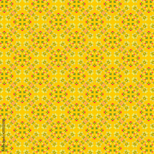 Ditsy florals Colorful small colorful flowers isolated on yellow background Simple floral, summer natural pattern Vibrant festive colors