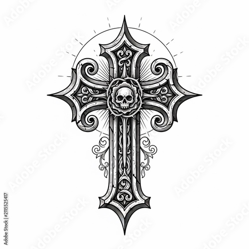 Gothic Cross Tattoo: Skull & Rose Intricate Ink Artistry