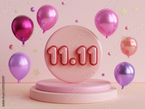 Soft pastel 3D illustration with circular pink podium displaying 11.11 in red outlined rounded font