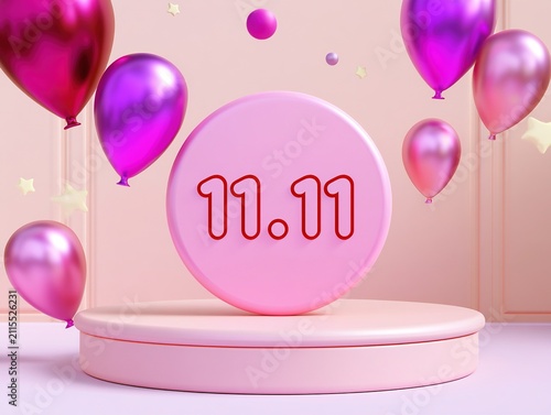 Soft pastel 3D illustration with circular pink podium displaying 11.11 in red outlined rounded font