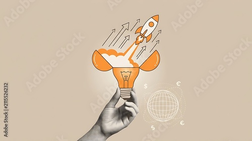Hand holding glowing rocket launching from smartphone screen. Digital innovation and mobile app success concept with futuristic tech growth.
