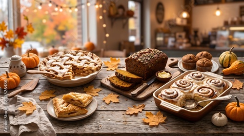 Array of freshly baked autumn desserts such as apple pie, cinnamon rolls, and pumpkin cake placed on a rustic wooden table in a cozy home setting.