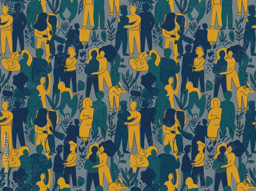 Seamless pattern with diverse people gathering in a crowded social event