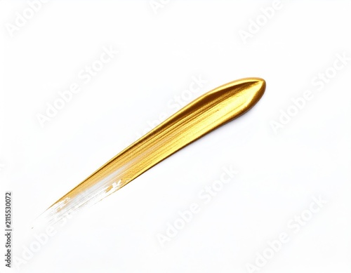 A glossy, golden cosmetic streak across a stark white background