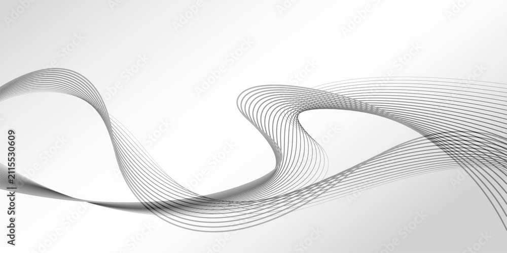 Fototapeta premium Abstract flowing black lines on light gray gradient background. Modern vector design with wave‑like motion