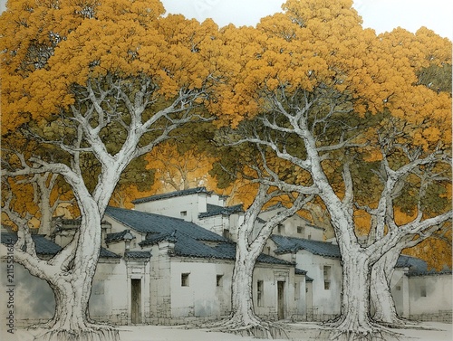 Ink wash autumn mountain village with white-walled grey-roofed houses amid golden orange and green foliage
