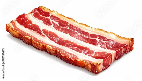 Thick-cut, streaky, cured pork belly slice with crisp edges