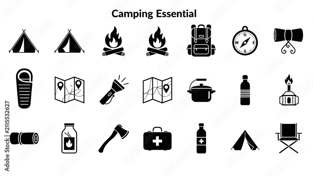 Fototapeta premium Camping Essentials Icons: Tent, Backpack, Compass, Fire, Sleeping Bag, Map, Axe