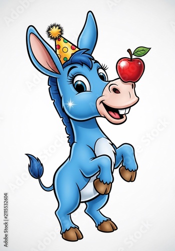 Whimsical Blue Donkey Balances Red Apple, Topped with Festive Party Hat - Animated Fun!