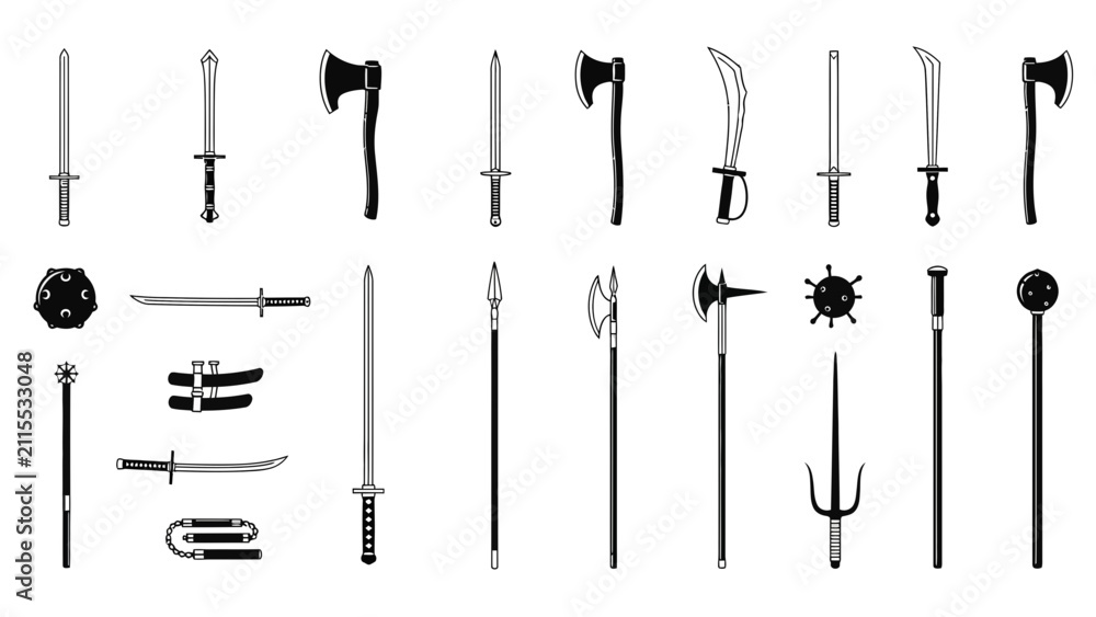 Fototapeta premium Collection of Medieval Weapons and Arms, Swords, Axes, Maces, Daggers