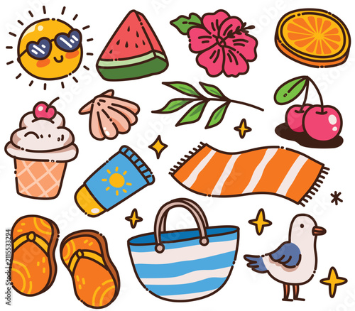 Cute Kawaii Summer Beach Vacation Essentials and Seagull Vector Clipart Bundle