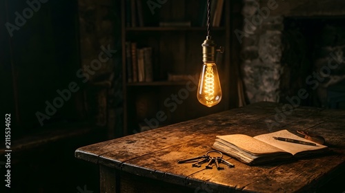 Vintage Edison-style light bulb hanging above rustic wooden desk with open book and keys in a cozy room
