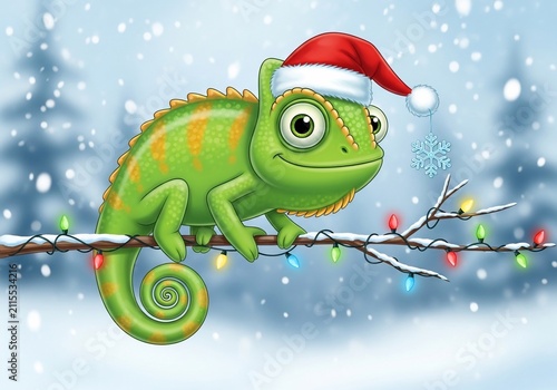 Whimsical Green Chameleon in Santa Hat, Twinkling Lights, Snowy Forest Scene, Digital Illustration