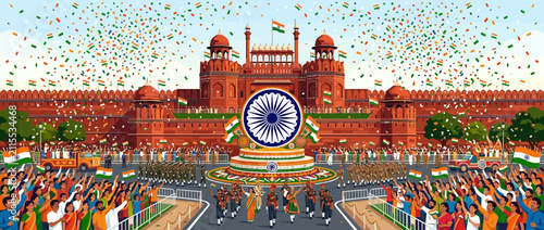 Indian Independence Day celebration at Red Fort with crowd and flag confetti