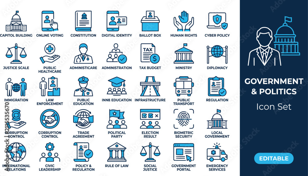 Naklejka premium Government and politics vector line icon set editable stroke