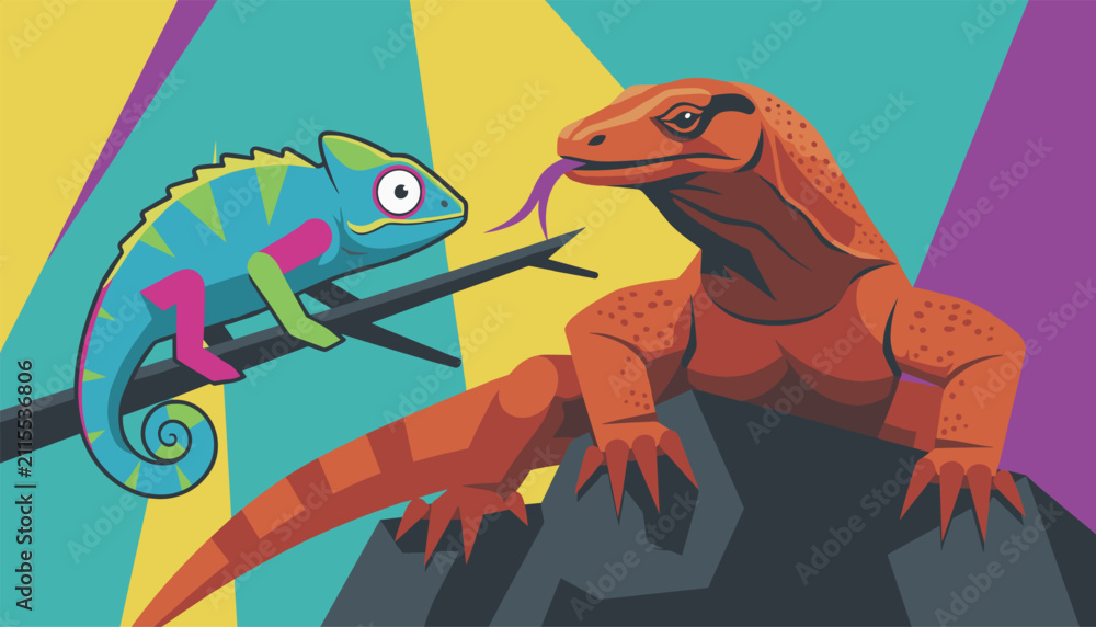Naklejka premium Artistic geometric illustration of a colorful chameleon on a branch and a large orange Komodo dragon.