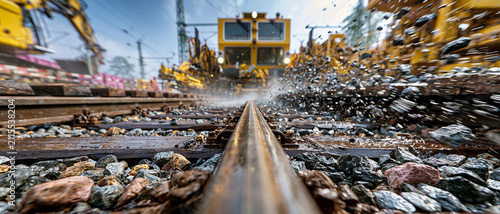 Intense Railroad Construction Site with Heavy Machinery and Vibrant Urban Infrastructure