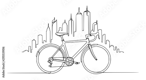 Bild auf Leinwand Minimalist single line drawing of a bicycle with a city skyline background