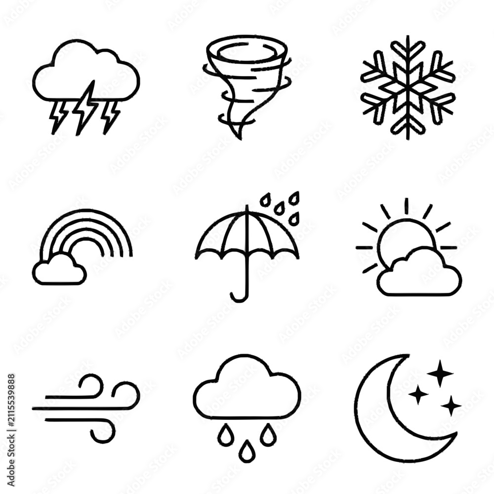 Obraz premium Set of Minimalist Weather Forecast Icons Featuring Sun, Rain, Snow, and Storm Symbols for Editorial Use Only