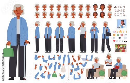 Senior woman character creator kit with emotions, gestures, body parts, accessories and everyday lifestyle scenes flat vector set
