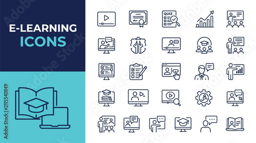 Set of thin line e-learning icons showcasing academic symbols for digital education and training platforms
