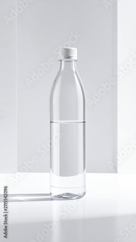 Clear bottle with white cap filled with clear liquid, casting shadow