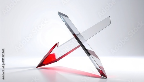 Sharp, intersecting clear acrylic forms, one with a deep red base, casting shadows