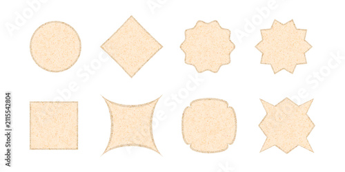 Postage stamp set. Post stamp frames and borders. Beige round and rectangular template for mail, postcard, letter. Jagged wavy edge forms. Vintage objects for poster, banner, badge, sticker. Vector