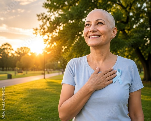 Hopeful Lung Cancer Survivor Wearing Light Blue Awareness Ribbon at Sunrise in Park