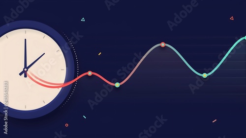 A dark blue clock face with a colorful wave graph line extending from the hands, representing time management and data analysis.