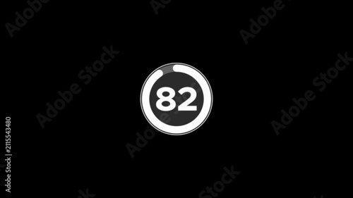 Digital circle countdown timer ninety seconds animation from 90 to 0 seconds on black background, 90 second countdown timer concept, 90 seconds simple countdown timer animation