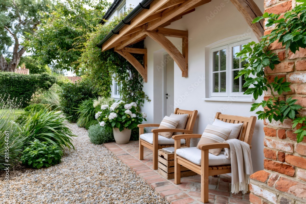 Fototapeta premium Cozy cottage patio with wooden chairs and garden