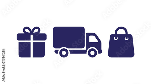 Retail and e-commerce icon set featuring gift box delivery truck and shopping bag ecommerce delivery shopping business marketing commerce purchase transport logistics