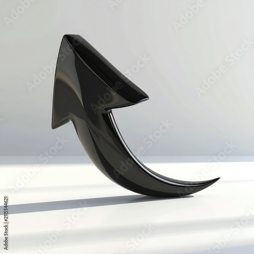 Glossy black arrow curves upward, casting a shadow on a white surface