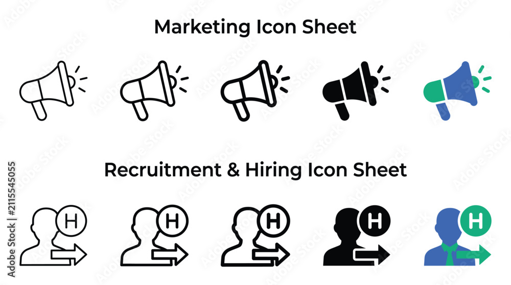 Fototapeta premium Marketing and recruitment vector icon collection featuring megaphone symbols and hiring person graphics with bold clean lines suitable for modern professional business web user interface design