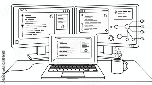 World Programmers Day Concept Outline Illustration with Laptop and Multi Monitor Code Debugging