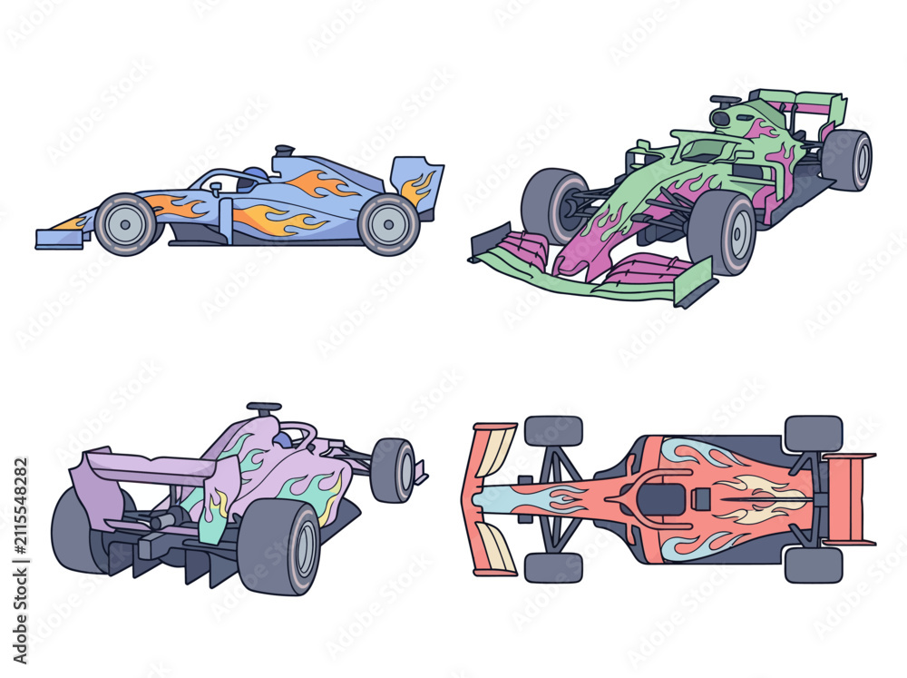 Obraz premium Formula 1 race cars with flame graphics in various views and vibrant colors