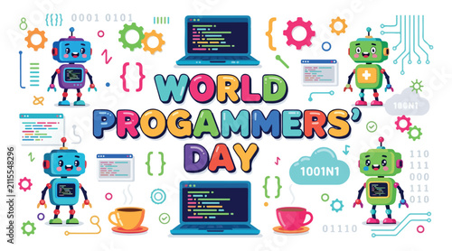 World Programmer's Day celebration banner with cute robots and laptop coding symbols