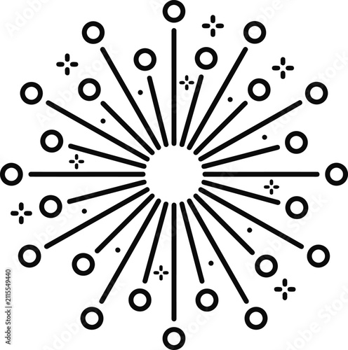 Minimalist monochrome line art firework burst symbol.
