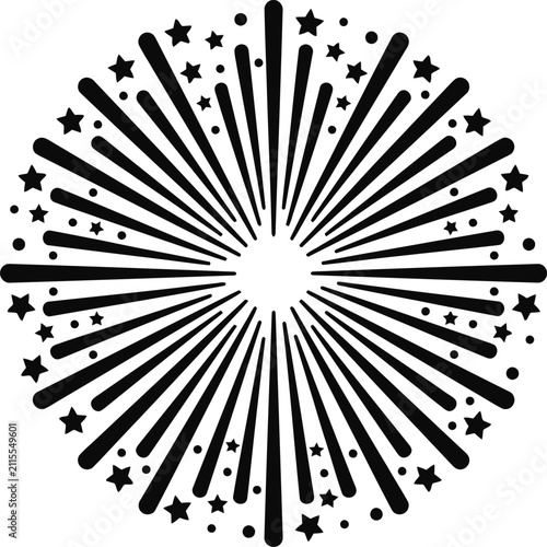 Black and white fireworks burst design with star icons.
