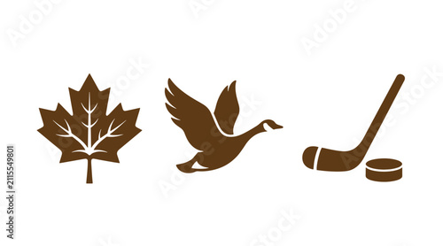 Canada themed symbols featuring maple leaf flying goose and ice hockey equipment patriotism silhouette national wildlife sporting canadian recreation outdoors seasonal