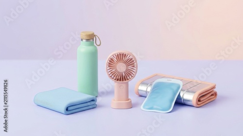 Innovative Cooling Solutions for Rising Extreme Heat, Essentials for staying cool and active: water bottle, towel, portable fan, cooling mat, and ice pack.