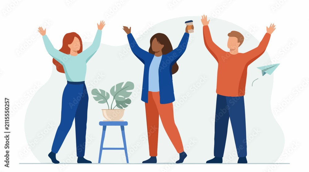 Fototapeta premium Diverse group of happy people celebrating success with raised hands, team